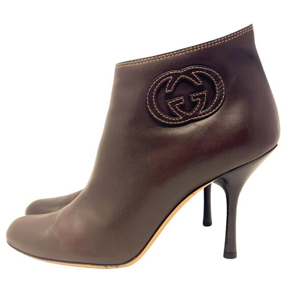 Gucci GG Logo Interlocking Monogram Brown Leather High Heels Ankle Boots US 7.5 - Picture 3 of 12